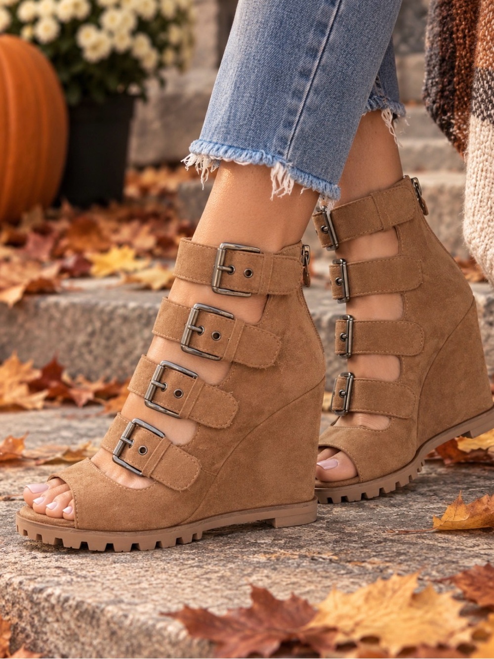 Linea Paolo Wisteria Tan Genuine Kid SuedeBuckle Wedge Sandal Bootie W 5 NIB!!